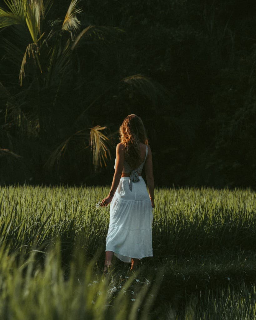 A person in a white dress walking through a green rice field with palms behind them.